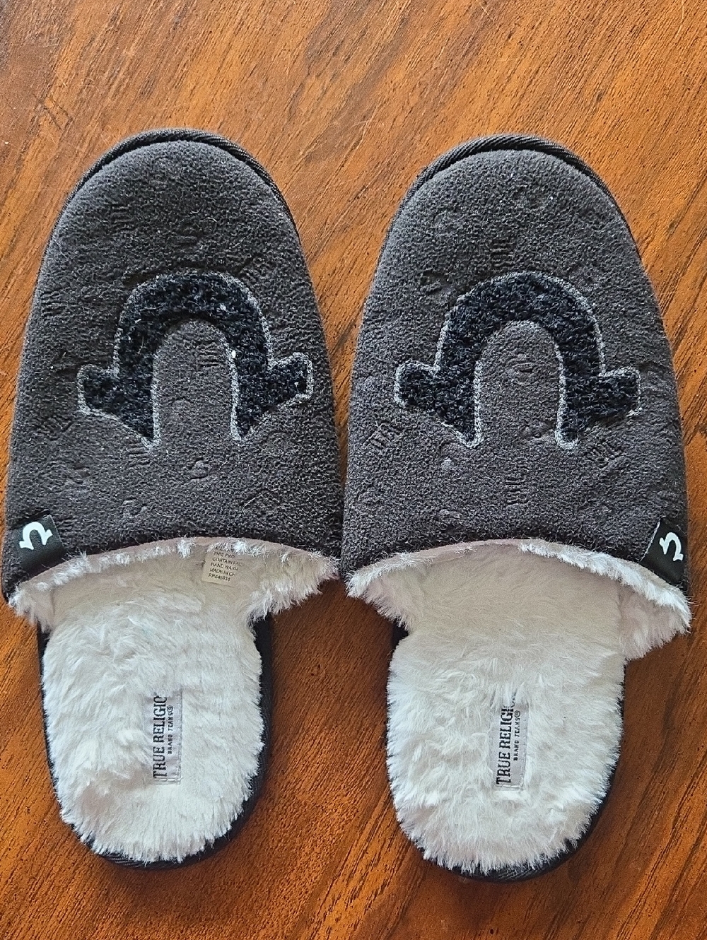 True Religion Charcoal Gray Plush Logo Slip-On Slippers